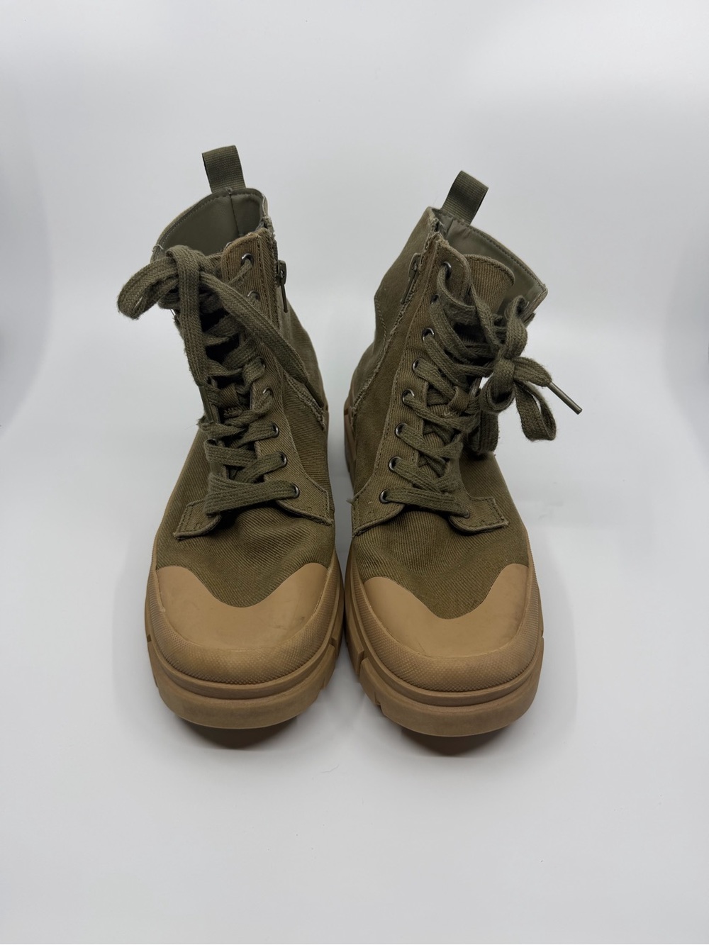 No Boundaries Olive Canvas Combat Boots with Tan Rubber Toe Cap